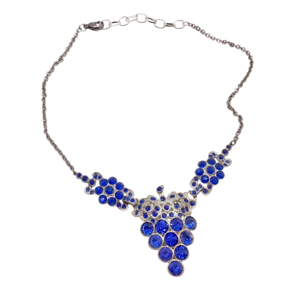 Vintage Blue Grapes Glass Crystal Silver tone Choker Necklace - Picture 2 of 15